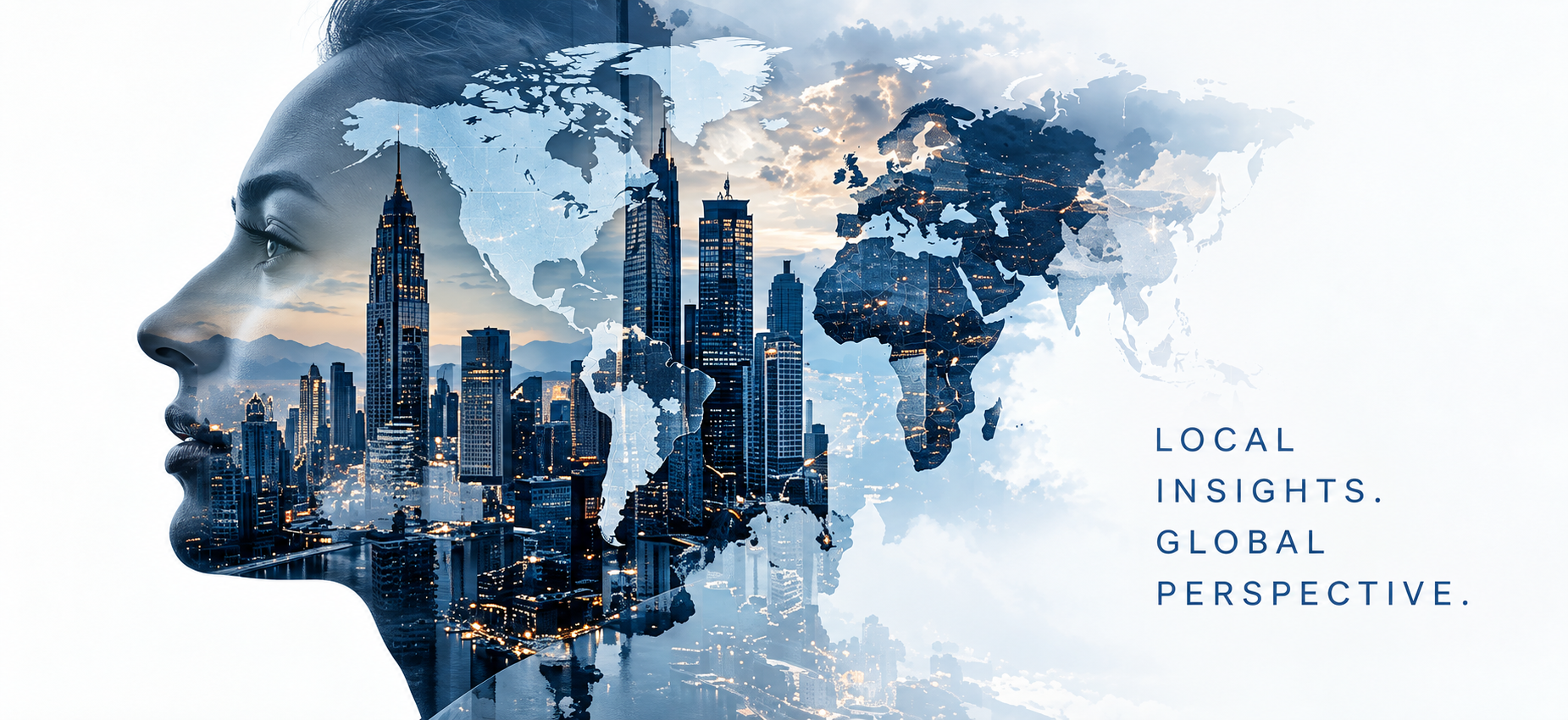 Global perspective combining international cities and world map imagery