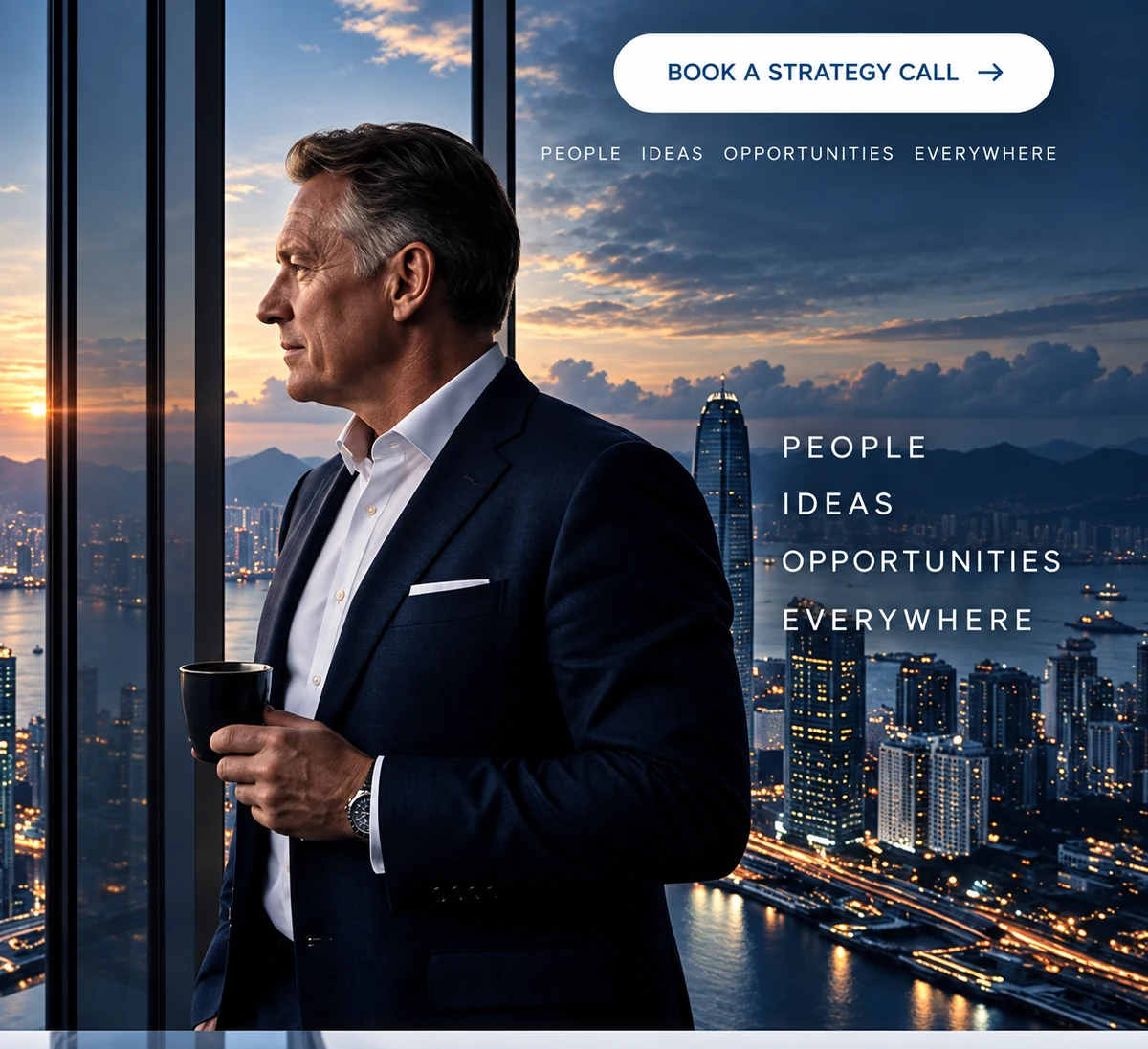 Global executive perspective overlooking an international city skyline