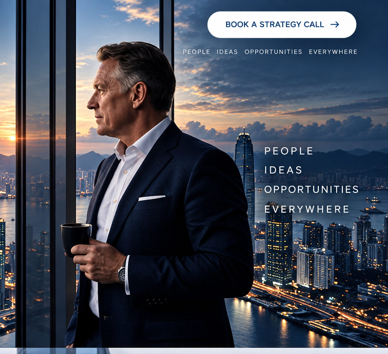 Global executive perspective overlooking an international city skyline